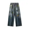 Calça jeans masculina com vibe americana e respingos de tinta, calça retro solta de perna larga para primavera, calça reta graffiti de marca da moda