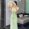 Nuevo Vestido de Baño de Tiras Color Verde Manzana de Tailandia, Elegante y Hermoso, con Falda Larga Dividida, para unas Hermosas Vacaciones en la Playa