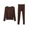 Ropa interior térmica de lyocell para otoño e invierno, capa base fina, camiseta de capa base, suave, amigable con la piel, sin costuras, cuello redondo, conjunto cálido para mujer
