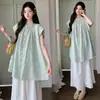 Camisa de Maternidad Estilo Coreano de Manga Corta con Lunares Retro Nuevo Verano 2026 + Pantalones Anchos de Maternidad