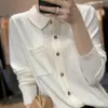Nova Coleção de Primavera Cardigan de Lã Fina com Gola Polo Solto Tricotado Estilo Coreano Cor Sólida Bolso Jaqueta Top para Mulheres