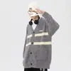 Suéter de Bloques de Color a Rayas Holgado Marca Guochao Unisex Otoño Invierno Estilo Perezoso Americano Cardigan de Punto con Cuello en V Ropa Exterior