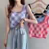 Design Ice Silk Plaid Camisole Feminino Outer Wear 2023 Verão Retro Interior Malha Sem Mangas Top Feminino