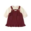 Conjunto de Dos Piezas con Falda de Tirantes de Lunares, Estilo Coreano Simple, Manga Larga, para Bebés y Niños Pequeños, Nuevo Estilo de Otoño, Informal y Elegante, para Niñas