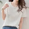 Elegante Blusa de Gasa Bordada con Encaje y Mangas Cortas para Mujer 2024 Verano Nuevo Holgada Versátil Cuello Redondo Top Blanco