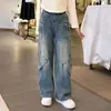 Calça Jeans Feminina Primavera e Outono 2026 Novo Estilo Coreano Moda Calça Wide Leg para Crianças Maiores, Jeans da Moda para Outono Comprimento Total