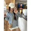 Foto real de una camiseta a rayas tipo nube para mujer de talla grande, con un tejido afelpado, suave y cómodo, corte holgado y un top casual versátil estilo coreano, estilo moderno 25275