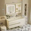 Gabinete de baño con lavabo integrado de piedra chapado en oro de lujo ligero estilo italiano, juego de tocador para baño