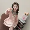 Vestido Suéter de Malha Azul Marinho com Gola College para Meninas, Novo Vestido Princesa Plissado de Manga Longa Infantil Outono/Inverno 2026