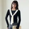 9936 Camiseta Básica Lyocell de Manga Longa com Gola Redonda e Ombro Regular para Mulheres, Coleção Outono e Inverno, Cor Sólida, Slim Fit