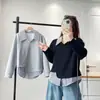 Blusa Falsa de Duas Peças Plus Size Feminina Outono Nova Casual Assimétrica Patchwork Listrada Camisa 100kg Plus Size Mm8337