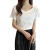 Comercio Exterior Color Sólido Cuello en V Clavícula Manga Corta Camiseta Verano para Mujer Estilo Coreano Ajustada Adelgazante Manga Media Camiseta Top