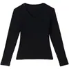 Camiseta Interior Blanca de Algodón para Mujer en Otoño e Invierno Cuello en V Se Puede Usar por Fuera Estilo Coreano Ajustada de Manga Larga Top con Forro Polar
