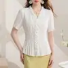 Blusa de Gasa para Mujer, Estilo Nuevo Primavera y Otoño Verano 2026, Blusa de Moda que Ceñe la Cintura, Elegante Top de Manga Corta