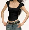 Blusa feminina branca com gola quadrada e mangas bufantes, t-shirt de ombro normal, chique e deslumbrante, cintura marcada, cropped de manga curta, verão