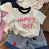 Camiseta de Manga Corta Infantil con Estampado de Dibujos Animados y Perro, Nuevo Estilo de Verano, Algodón Puro, Colores Contrastantes, Elegante y Versátil, Cuello Redondo, Top Lindo