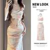 Traje de Baño Bikini para Mujer 2025 Nuevo Conjunto Dividido de Tres Piezas Sexy Vestido Largo de Gama Alta con Aro y Fruncido para Vacaciones en la Playa