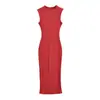26086-26 Otoño Chica Caliente Estilo Básico Cuello Redondo Pequeño Alta Elasticidad Tejido de Punto Costilla Cintura Ceñida Abertura Vestido Largo Vestido de Tirantes