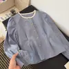 Elegante Blusa de Encaje con Cuello Redondo, Mangas Largas Rayadas, Nueva Llegada de Otoño para Mujer, Versátil Estilo Coreano, Botones, Corta, Mangas Abullonadas