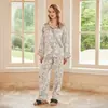 [Hongo Azul Pequeño] Pijama de Seda Helada para Mujer, Manga Larga y Pantalón Largo para Primavera y Otoño, Imitación de Seda Estilo Francés, Se Puede Usar Afuera como Ropa de Casa