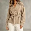 Casaco feminino curto de camurça novo estilo outono e inverno europeu e americano, com gola reversa, cintura com amarração, caimento solto, jaqueta de manga longa para mulheres