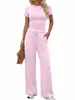 Conjunto Informal de Color Sólido con Top de Manga Corta Fruncido y Pantalones de Pierna Ancha de Cintura Alta Ropa Deportiva Nuevo Producto Europeo y Americano Amazon 2026