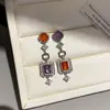 Brincos Quadrados Coloridos Pendentes com Agulha Prateada e Zircônia Geométrica Colorida, Brincos de Tarraxa Fashion de Luxo Leve, Joias de Orelha Versáteis de Alto Padrão, Atacado