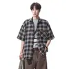 Camisa casual a cuadros de moda estilo americano para hombre, de manga corta, fina de seda helada para el verano con sensación fresca, chaqueta holgada, moderna
