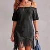 Vestido de verano de estilo europeo y americano, sin hombros, patchwork de mezclilla, con dobladillo de flecos, color liso, entallado a la cintura, corte ajustado, sin tirantes, ropa de mujer transfronteriza