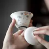 Gaiwan de Cerámica Azul y Blanco Pintado a Mano de las Dinastías Tang y Song, Tazón de Té de Porcelana Blanca Delgado Hecho a Mano, con Acentos Dorados