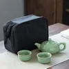 Juego de Té de Viaje Ge Yao Juego de Cerámica Juego de Té Una Tetera Cuatro Tazas Caja de Cuero de Vaca Kung Fu Caja de Regalo Regalo Pequeño