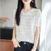Top de punto versátil para mujer, de manga corta, con bloques de color a rayas, de seda helada, transpirable, con caída, ajuste slim, estilo suave, para verano
