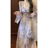 Vestido largo francés estilo vacación en la playa para mujer, estampado suave de flor de iris, mangas acampanadas con volantes, vestido ajustado que ciñe la cintura