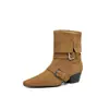 Botas de media caña con hebilla de doble uso, gamuza de vaca, tacón grueso de 4.5 cm, botas de cuero estilo coreano, nuevas botas vaqueras de color liso con punta cuadrada