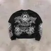 Camiseta Falsa de Dos Piezas de Manga Larga para Hombre, Estilo Retro Americano con Estampado de Alas Desgastado, Estilo Punk Subcultural, Top Holgado de Cuello Redondo
