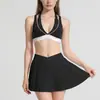 Conjunto de Shorts de Corrida Fitness Duas Peças Color Block com Listras Brancas, Sutiã Esportivo Decote Halter, Conjunto para Yoga
