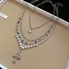 Colar de Pérolas Multicamadas com Cruz Cravejada de Diamantes Transfronteiriço Europeu e Americano, Corrente de Clavícula de Luxo Leve e de Nicho, Acessório de Pescoço Estiloso e Único Atacado