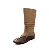 Botas de Couro Bovino de Primeira Camada com Camurça Costurada, de Cano Médio para Mulheres, Botas Retas, Novo Estilo Outono e Inverno, Couro Genuíno, Bico Redondo, Salto Escondido, Botas Femininas