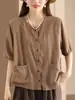 Cárdigan Artístico Vintage Camisa de Algodón y Lino, Nuevo Estilo Primavera/Verano con Diseño de Bolsillo, Camisa Casual de Manga Corta Estilo Étnico para Mujer con un Toque de Elegancia