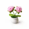 Fio de Lã Crochê Feito à Mão Rosa Planta em Vaso Decoração de Mesa para Quarto Estudo Enfeites Planta Artificial em Vaso Flor de Tricô em Vaso