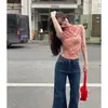 Estilo Americano Menina Quente Malha Microtransparente Xadrez Vermelho Ombro Manga Curta Camiseta Feminina Verão Slim-fit Curta Doce e Quente Top Pequeno