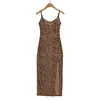 Vestido largo de satén con estampado de leopardo para chica guapa, vestido de verano de alta gama retro ajustado con abertura