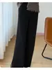 Pantalones de Pierna Ancha Engrosados con Ranuras para Mujer 100% Lana Pura Cintura Elástica Color Sólido Pierna Recta de Moda Versátiles Pantalones con Caída