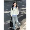 Moda Casual Simple Rayas Patchwork Falso Dos Piezas Manga Larga Pantalones de Pierna Ancha Conjunto de Dos Piezas para Niñas Primavera/Otoño