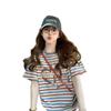 Camiseta de Manga Corta de Algodón Puro con Rayas de Colores Dopamina para Mujer, Estilo Coreano Graffiti de Corazón, Top Holgado de Encaje Reductor de Edad Tendencia