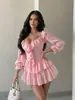 Verão 2026 Nova Cor Sólida Gola Franzida Gola Pontuda Sexy Manga Longa Vestido Saia Curta Roupa Feminina Transfronteiriça Europeia e Americana