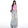 Nuevos jeans de estilo otoñal estilo callejero americano azul claro rotos lavados para mujer, pantalones rectos holgados adelgazantes de pierna ancha