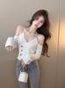 Pura Lujuria Sexy Sexy Halterneck Corto Ombliguera Top de Manga Larga Tejido Otoño Blanco Cuello en V Suéter de Manga Larga para Mujer