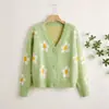 [En Stock] Suéter Cardigan Ajustado de Manga Larga con Cuello en V Jacquard de Margarita Fresca Versátil Transfronterizo Europeo y Americano