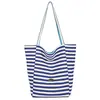 Bolsa de Lona Rayada Doble Cara Estilo Coreano de Nicho para Mujer Gran Capacidad Estilo Perezoso Bolsa de Mano Bolsa Tote Estudiante Casual para Compras